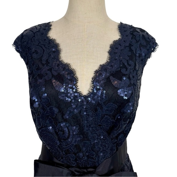 Tadashi Shoji Sequin and Tulle Lace Mermaid Gown Ribbon Tie in Navy 3T1430LX - Picture 3 of 9